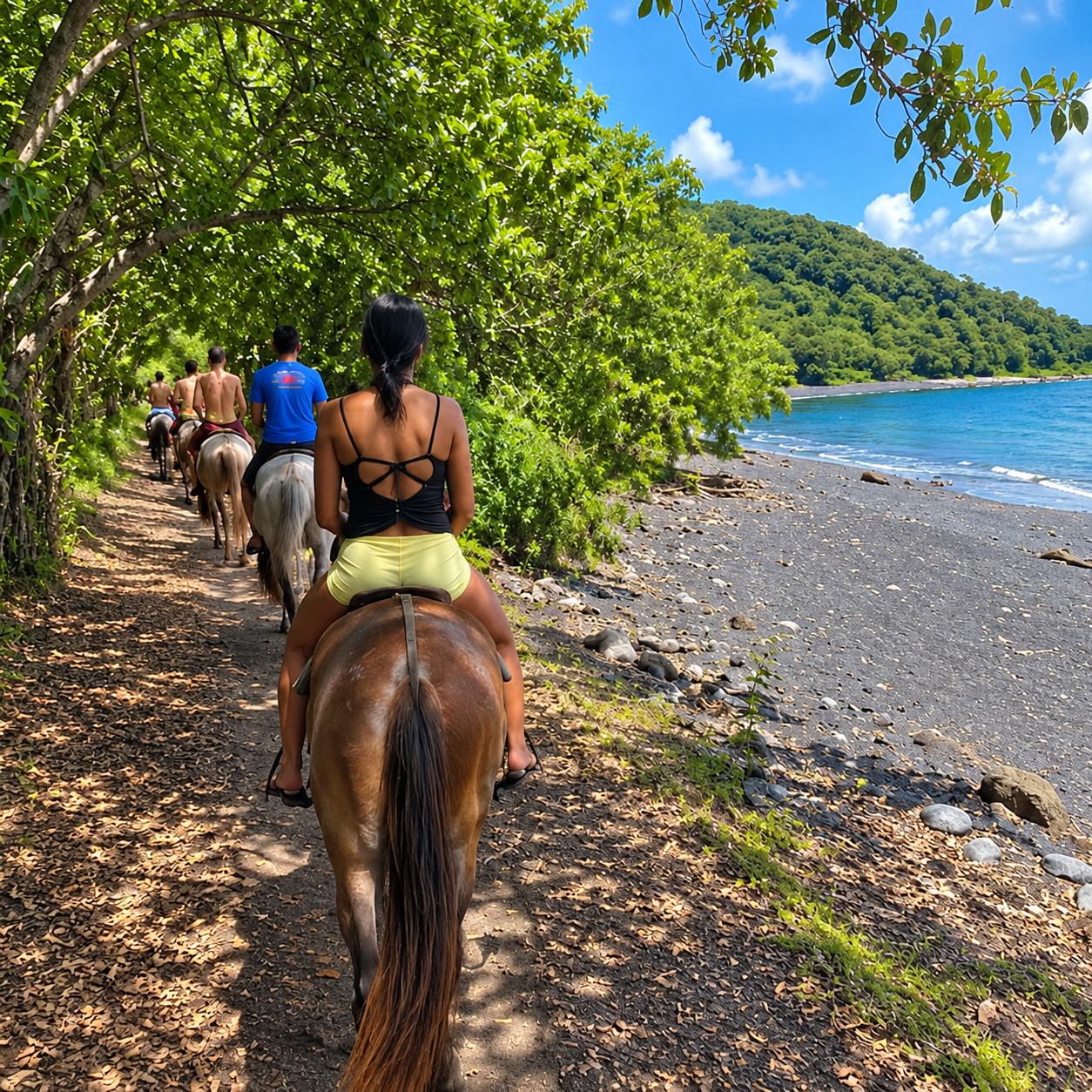 Horseback riders following a shaded coastal trail