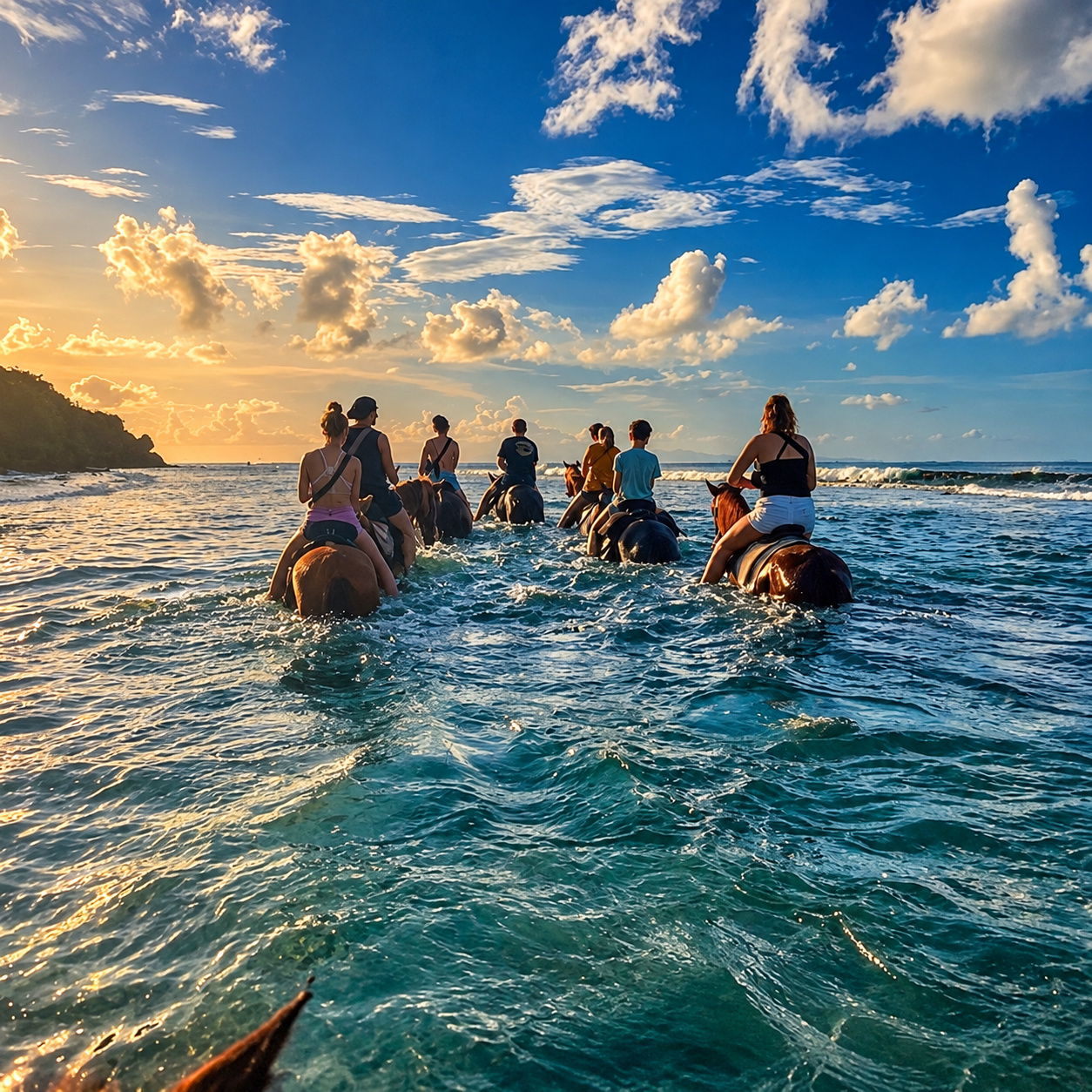 Horseback riders in the sea in warm evening light